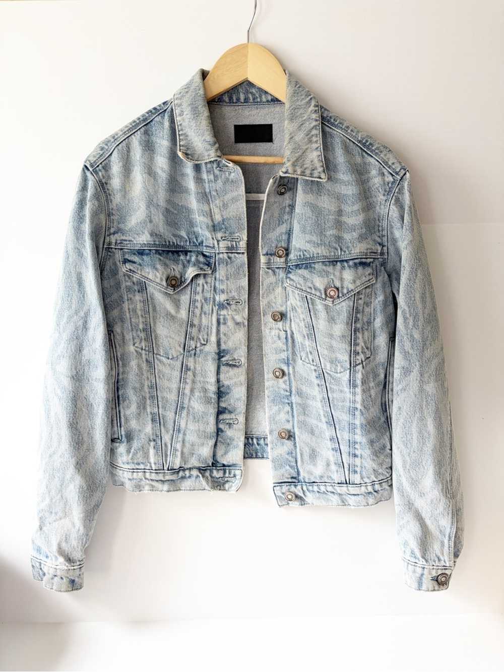 RtA Light Wash Denim Jacket Faded Animal Print Size XXS Oversized Jean Jacket